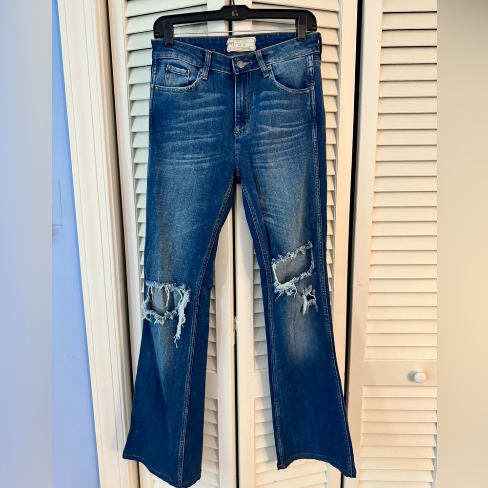 Free People Distressed Flare Jeans in Blue